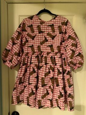 Pink Gingham Mini Dress with Brown Boot Print